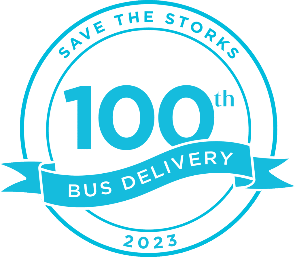 Save the Storks 100th Bus Delivery Logo